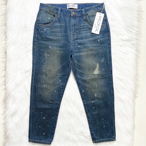 NWT Wildfox Distressed Slouchy Paint Splatter High Waist Boyfriend Cropped Jeans - Picture 2 of 10